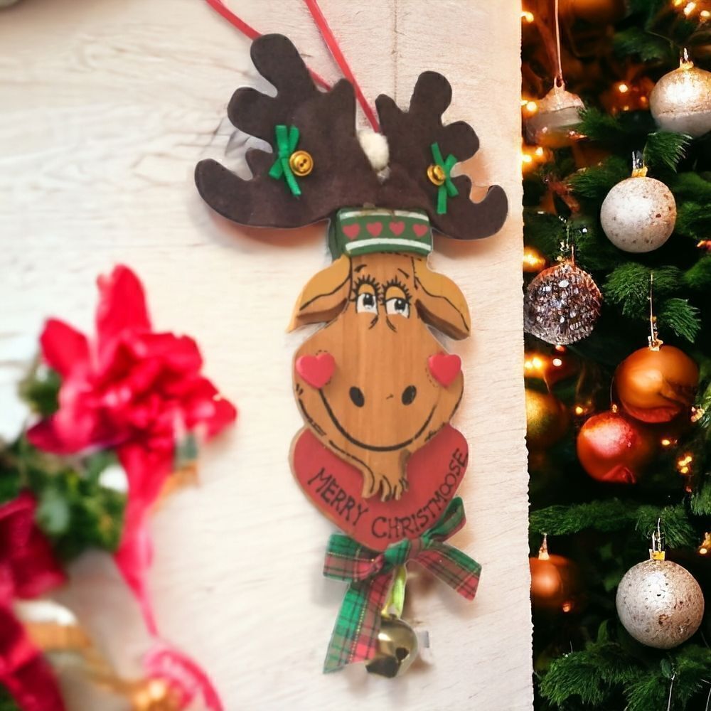 Vtg Kurt Adler Moose Ornament Wood Painted Reindeer Bells Felt Whimsy Cabincore.